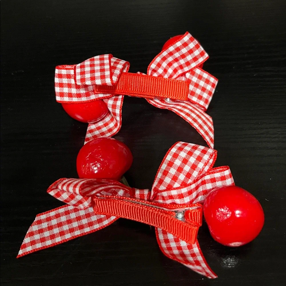 Cherry Bow Kids Hair Clips - Red Gingham - Picture 3 of 3